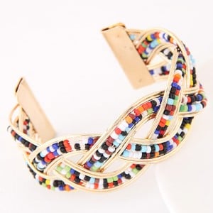 Bohemian Fashion Mini Beads Inlaid Weaving Pattern Open-end Bangle - Multicolor