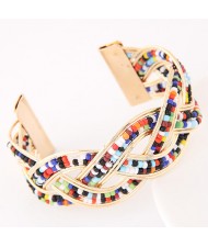 Bohemian Fashion Mini Beads Inlaid Weaving Pattern Open-end Bangle - Multicolor