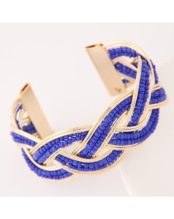 Bohemian Fashion Mini Beads Inlaid Weaving Pattern Open-end Bangle - Blue