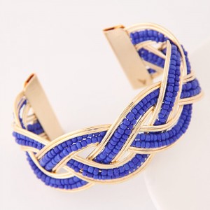 Bohemian Fashion Mini Beads Inlaid Weaving Pattern Open-end Bangle - Blue