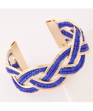 Bohemian Fashion Mini Beads Inlaid Weaving Pattern Open-end Bangle - Blue
