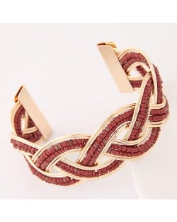 Bohemian Fashion Mini Beads Inlaid Weaving Pattern Open-end Bangle - Brown