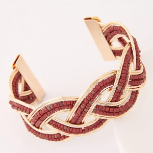 Bohemian Fashion Mini Beads Inlaid Weaving Pattern Open-end Bangle - Brown