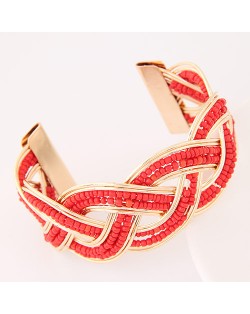 Bohemian Fashion Mini Beads Inlaid Weaving Pattern Open-end Bangle - Red