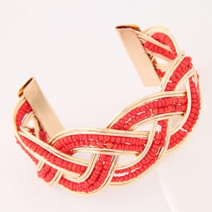 Bohemian Fashion Mini Beads Inlaid Weaving Pattern Open-end Bangle - Red
