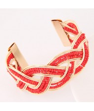 Bohemian Fashion Mini Beads Inlaid Weaving Pattern Open-end Bangle - Red
