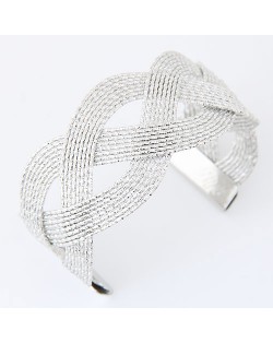 Hollow Weaving Style Wide Fashion Bangle - Silver