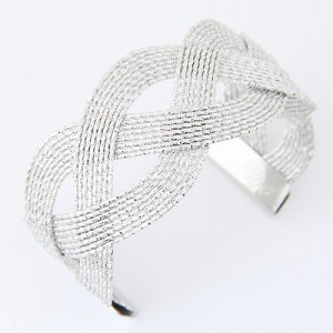 Hollow Weaving Style Wide Fashion Bangle - Silver