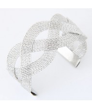 Hollow Weaving Style Wide Fashion Bangle - Silver