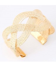 Hollow Weaving Style Wide Fashion Bangle - Golden
