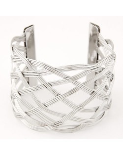 Popular Hollow Weaving Style Super Wide Open-end Fashion Bangle - Silver