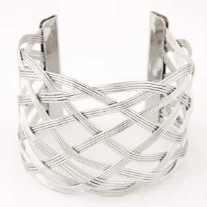 Popular Hollow Weaving Style Super Wide Open-end Fashion Bangle - Silver
