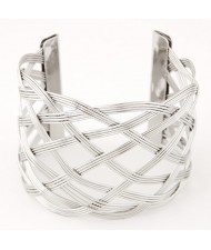 Popular Hollow Weaving Style Super Wide Open-end Fashion Bangle - Silver