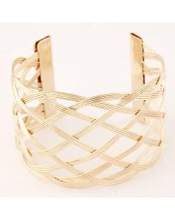 Popular Hollow Weaving Style Super Wide Open-end Fashion Bangle - Golden