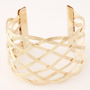 Popular Hollow Weaving Style Super Wide Open-end Fashion Bangle - Golden
