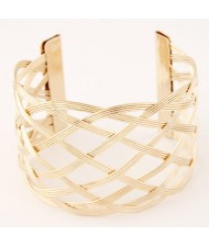 Popular Hollow Weaving Style Super Wide Open-end Fashion Bangle - Golden