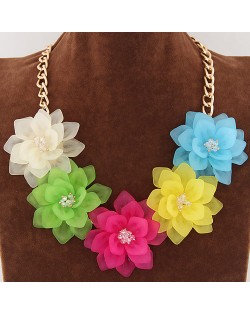 Dimensional Summer Graceful Flowers Cluster Design Fashion Necklace - Multicolor