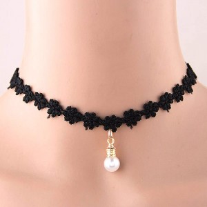 Sweet Pearl Pendant Black Lace Flower Fashion Necklace