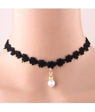 Sweet Pearl Pendant Black Lace Flower Fashion Necklace