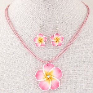 Prosperous Peach Flower Rope Fashion Necklace and Earrings Set - Pink