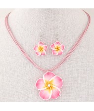 Prosperous Peach Flower Rope Fashion Necklace and Earrings Set - Pink