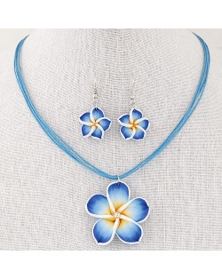 Prosperous Peach Flower Rope Fashion Necklace and Earrings Set - Blue