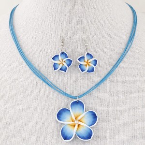 Prosperous Peach Flower Rope Fashion Necklace and Earrings Set - Blue