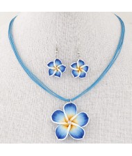 Prosperous Peach Flower Rope Fashion Necklace and Earrings Set - Blue