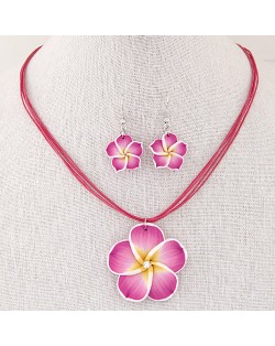 Prosperous Peach Flower Rope Fashion Necklace and Earrings Set - Fuchsia