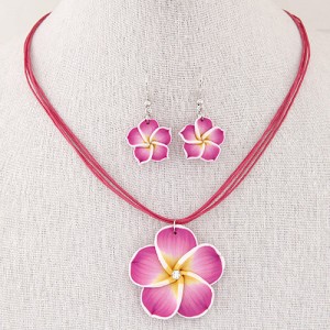 Prosperous Peach Flower Rope Fashion Necklace and Earrings Set - Fuchsia