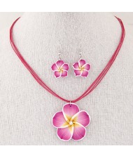 Prosperous Peach Flower Rope Fashion Necklace and Earrings Set - Fuchsia