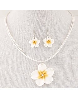 Prosperous Peach Flower Rope Fashion Necklace and Earrings Set - White