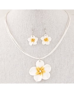 Prosperous Peach Flower Rope Fashion Necklace and Earrings Set - White