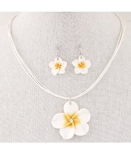 Prosperous Peach Flower Rope Fashion Necklace and Earrings Set - White