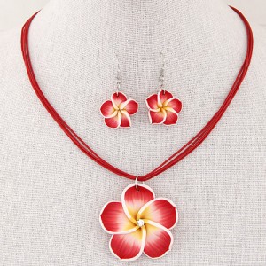 Prosperous Peach Flower Rope Fashion Necklace and Earrings Set - Red