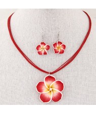 Prosperous Peach Flower Rope Fashion Necklace and Earrings Set - Red