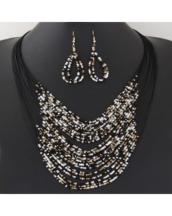 Bohemian Fashion Mini Beads Multi-layers Statement Necklace and Earrings Set - Black