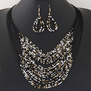 Bohemian Fashion Mini Beads Multi-layers Statement Necklace and Earrings Set - Black
