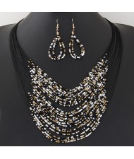 Bohemian Fashion Mini Beads Multi-layers Statement Necklace and Earrings Set - Black