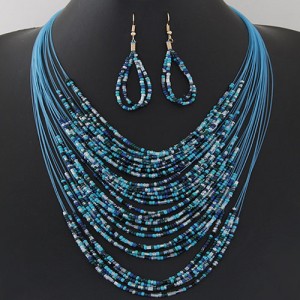 Bohemian Fashion Mini Beads Multi-layers Statement Necklace and Earrings Set - Blue