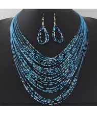 Bohemian Fashion Mini Beads Multi-layers Statement Necklace and Earrings Set - Blue