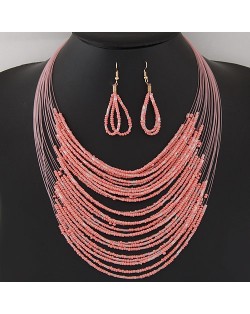 Bohemian Fashion Mini Beads Multi-layers Statement Necklace and Earrings Set - Pink