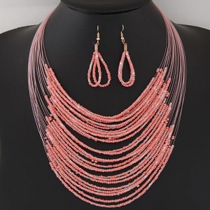 Bohemian Fashion Mini Beads Multi-layers Statement Necklace and Earrings Set - Pink