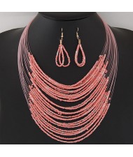 Bohemian Fashion Mini Beads Multi-layers Statement Necklace and Earrings Set - Pink