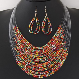 Bohemian Fashion Mini Beads Multi-layers Statement Necklace and Earrings Set - Multicolor