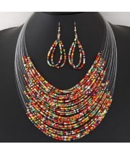 Bohemian Fashion Mini Beads Multi-layers Statement Necklace and Earrings Set - Multicolor