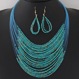 Bohemian Fashion Mini Beads Multi-layers Statement Necklace and Earrings Set - Green
