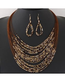 Bohemian Fashion Mini Beads Multi-layers Statement Necklace and Earrings Set - Brown