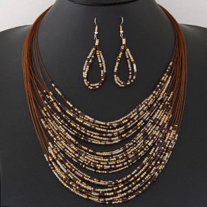 Bohemian Fashion Mini Beads Multi-layers Statement Necklace and Earrings Set - Brown