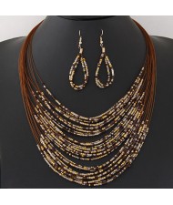 Bohemian Fashion Mini Beads Multi-layers Statement Necklace and Earrings Set - Brown